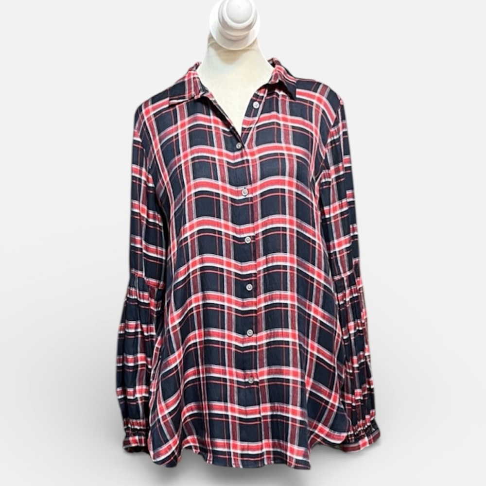 Loft Bishop Sleeve Button Up Tunic Shirt in Blue/Red Plaid Lightweight Sz M